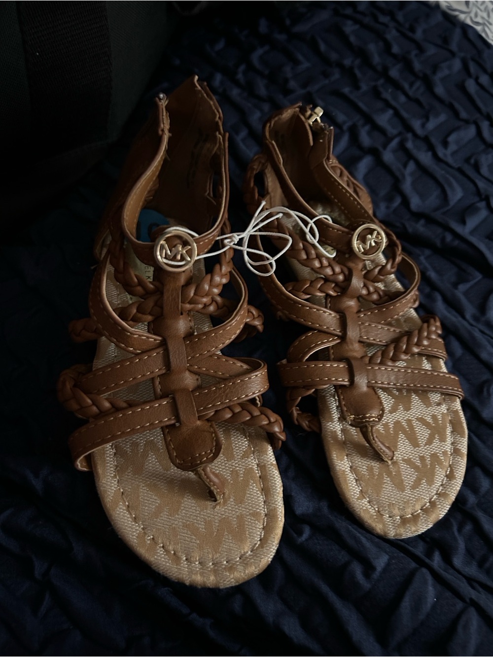 Michael Kors Tan Braided Leather Gladiator Sandals with Logo Medallions